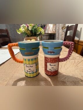 GANZ Whimsical Nurse & Doctor On-The-Go Ceramic Travel Mugs - Blue, Orange, Red